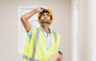 A home inspector looking up inspecting the interior of a house